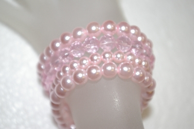 +MBA #16-467  Set Of 4 Pink Glass Pearl & Pink Crystal Stretch Bracelets
