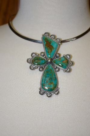 +MBA #16-246  "Artist "R.H. Boyd"  Signed Green Turquoise Fancy Cross  Pin Pendant