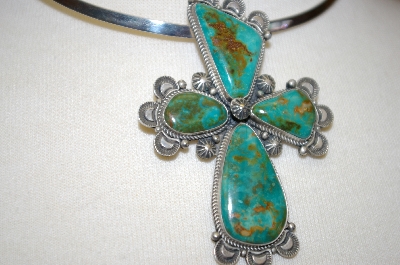 +MBA #16-246  "Artist "R.H. Boyd"  Signed Green Turquoise Fancy Cross  Pin Pendant