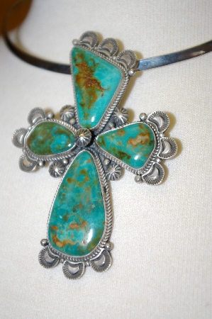 +MBA #16-246  "Artist "R.H. Boyd"  Signed Green Turquoise Fancy Cross  Pin Pendant
