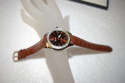 +MBA #17-298  Genevex Ladies Swarovski Crystal Brown Leather Strap Watch