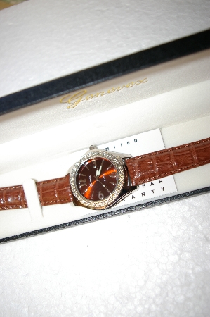 +MBA #17-298  Genevex Ladies Swarovski Crystal Brown Leather Strap Watch