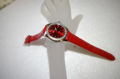 +MBA #17-307  Genevex Ladies Swarvoski Crystal Red Leather Strap Watch