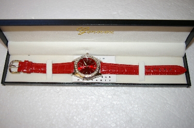 +MBA #17-307  Genevex Ladies Swarvoski Crystal Red Leather Strap Watch