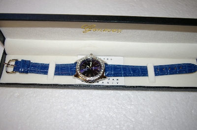 +MBA #17-288  Genevex Ladies Swarvoski Crystal Blue Leather Strap Watch