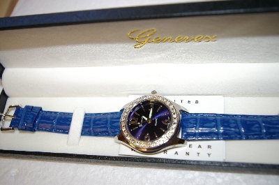 +MBA #17-288  Genevex Ladies Swarvoski Crystal Blue Leather Strap Watch