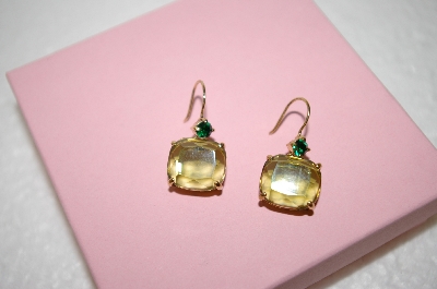 +MBA #17-557  Gold Plated Green Glass & Crystal Earrings