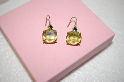 +MBA #17-557  Gold Plated Green Glass & Crystal Earrings