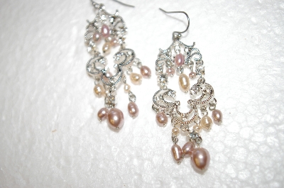 +MBA #17-532  Pink Freahwater Pearls & Crystal Dangle Earrings