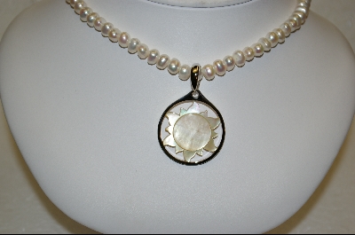 +MBA #HPN   Honora Pearl Necklace W/ Hand Carver Mother Of Pearl "Sun" Madallion