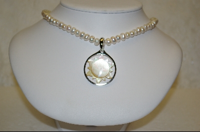+MBA #HPN   Honora Pearl Necklace W/ Hand Carver Mother Of Pearl "Sun" Madallion