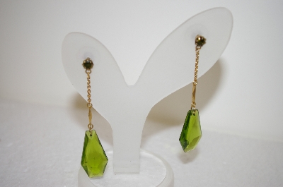 +MBA #17-528  "Gold Plated Green Glass & Crystal Drop Earrings