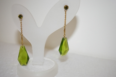 +MBA #17-528  "Gold Plated Green Glass & Crystal Drop Earrings