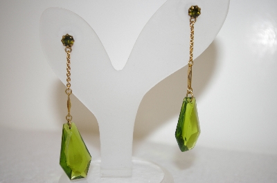 +MBA #17-528  "Gold Plated Green Glass & Crystal Drop Earrings
