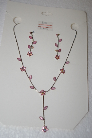 +MBA #17-090  Pink Crystal Flower Necklace With Matching Earrings