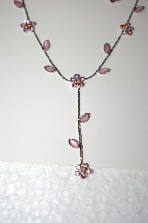 +MBA #17-090  Pink Crystal Flower Necklace With Matching Earrings