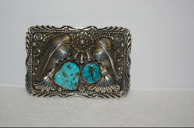 +Artist Signed "L.Elthe" Blue 2-Stone Turquoise Belt Buckle