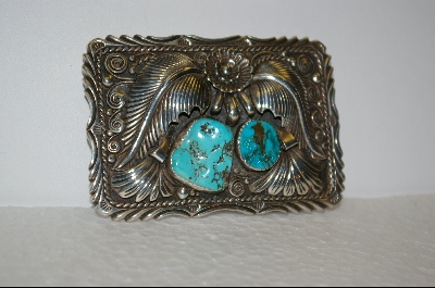+Artist Signed "L.Elthe" Blue 2-Stone Turquoise Belt Buckle