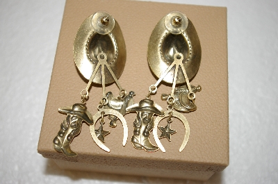 +MBA #17-711  "Antique Gold Tone Cowboy Hat With Charms Earrings
