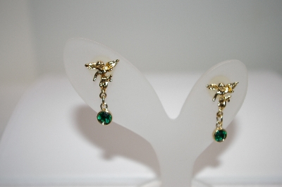 +MBA #18-020   Gold Plated Green Crystal Angel Earrings
