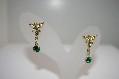 +MBA #18-020   Gold Plated Green Crystal Angel Earrings