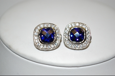 +  Charles Winston Square Cut Blue & Clear Cz Pierced Earrings