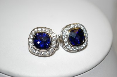 +  Charles Winston Square Cut Blue & Clear Cz Pierced Earrings