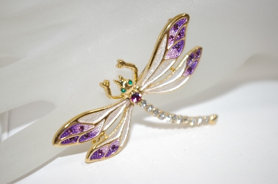 +MBA #18-387  Purple & White Enamel Crystal Dragonfly Pin