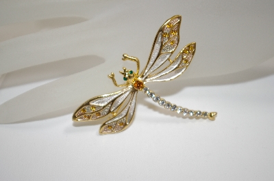 +MBA #18-337  White Enameled & Crystal Dragonfly Pin