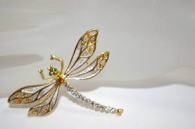 +MBA #18-337  White Enameled & Crystal Dragonfly Pin