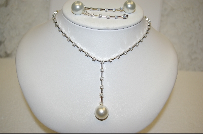 + Large Glass Pearl & CZ Necklace W/ Matching Pierced Earrings