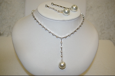 + Large Glass Pearl & CZ Necklace W/ Matching Pierced Earrings