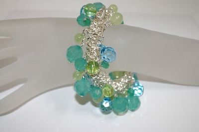 +Multi Shades Of Blue & Green Acrylic  Beads Stretch Bracelet