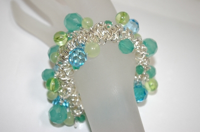 +Multi Shades Of Blue & Green Acrylic  Beads Stretch Bracelet