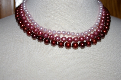 +MBA #18-163   "14K 18" Pink, Red & Mauve Cultured Freshwater Pearl Triple Strand Necklace