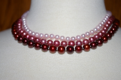 +MBA #18-163   "14K 18" Pink, Red & Mauve Cultured Freshwater Pearl Triple Strand Necklace