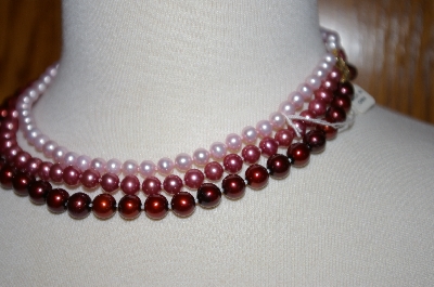 +MBA #18-163   "14K 18" Pink, Red & Mauve Cultured Freshwater Pearl Triple Strand Necklace