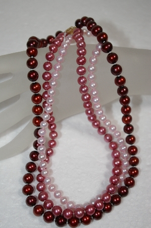 +MBA #18-163   "14K 18" Pink, Red & Mauve Cultured Freshwater Pearl Triple Strand Necklace