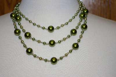 +MBA #19-281  Majestic Two Tone Green 3 Row Simulated Pearl Necklace W/ Matching Earrings