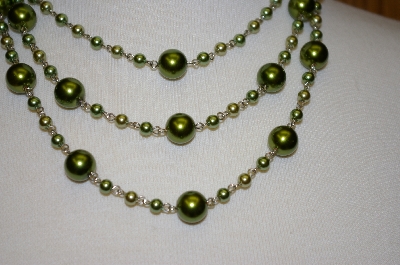 +MBA #19-281  Majestic Two Tone Green 3 Row Simulated Pearl Necklace W/ Matching Earrings