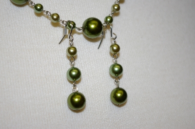 +MBA #19-281  Majestic Two Tone Green 3 Row Simulated Pearl Necklace W/ Matching Earrings