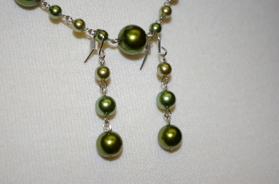 +MBA #19-281A  Majestic 3 Row Simulated Two Tone Green Pearls With Matching Earrings