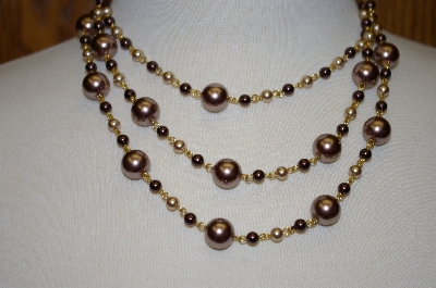 +MBA #19-291  Majestic 3 Row Two Tone Brown Simulated Pearl Necklace & Matching Earrings