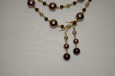 +MBA #19-291  Majestic 3 Row Two Tone Brown Simulated Pearl Necklace & Matching Earrings