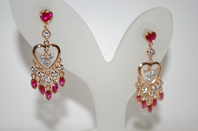 +MBA #19-108  Gold Plated Clear & Red CZ Heart Dangle Earrings