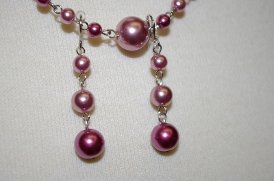 +MBA #19-285B  Majestic 3 Row Two Tone Pink Simulated Pearl Necklace With Matching Earrings