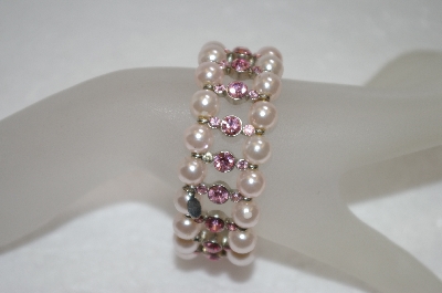 +MBA #19-195  Set Of 2 Kirks Folly Pink GLass Pearl & Crystal Stretch Bracelets