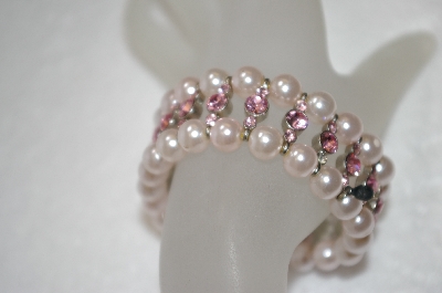 +MBA #19-195  Set Of 2 Kirks Folly Pink GLass Pearl & Crystal Stretch Bracelets