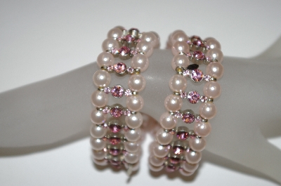 +MBA #19-195  Set Of 2 Kirks Folly Pink GLass Pearl & Crystal Stretch Bracelets