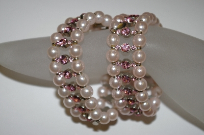 +MBA #19-195  Set Of 2 Kirks Folly Pink GLass Pearl & Crystal Stretch Bracelets